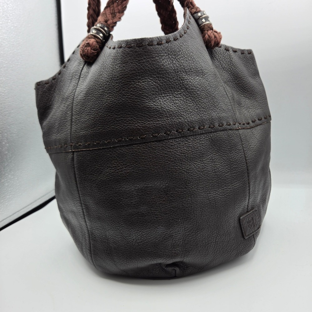 The Sak Indio Dark Brown Pebbled Leather Bucket Bag Braided Straps Hobo 0712